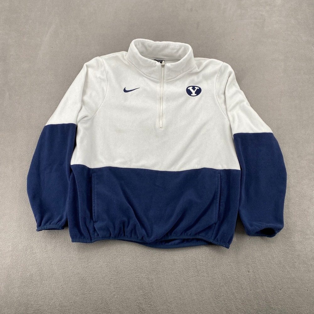 Nike BYU Cougars Dri-FIT Fleece Quarter Zip Pullover White Navy Blue Mens L
